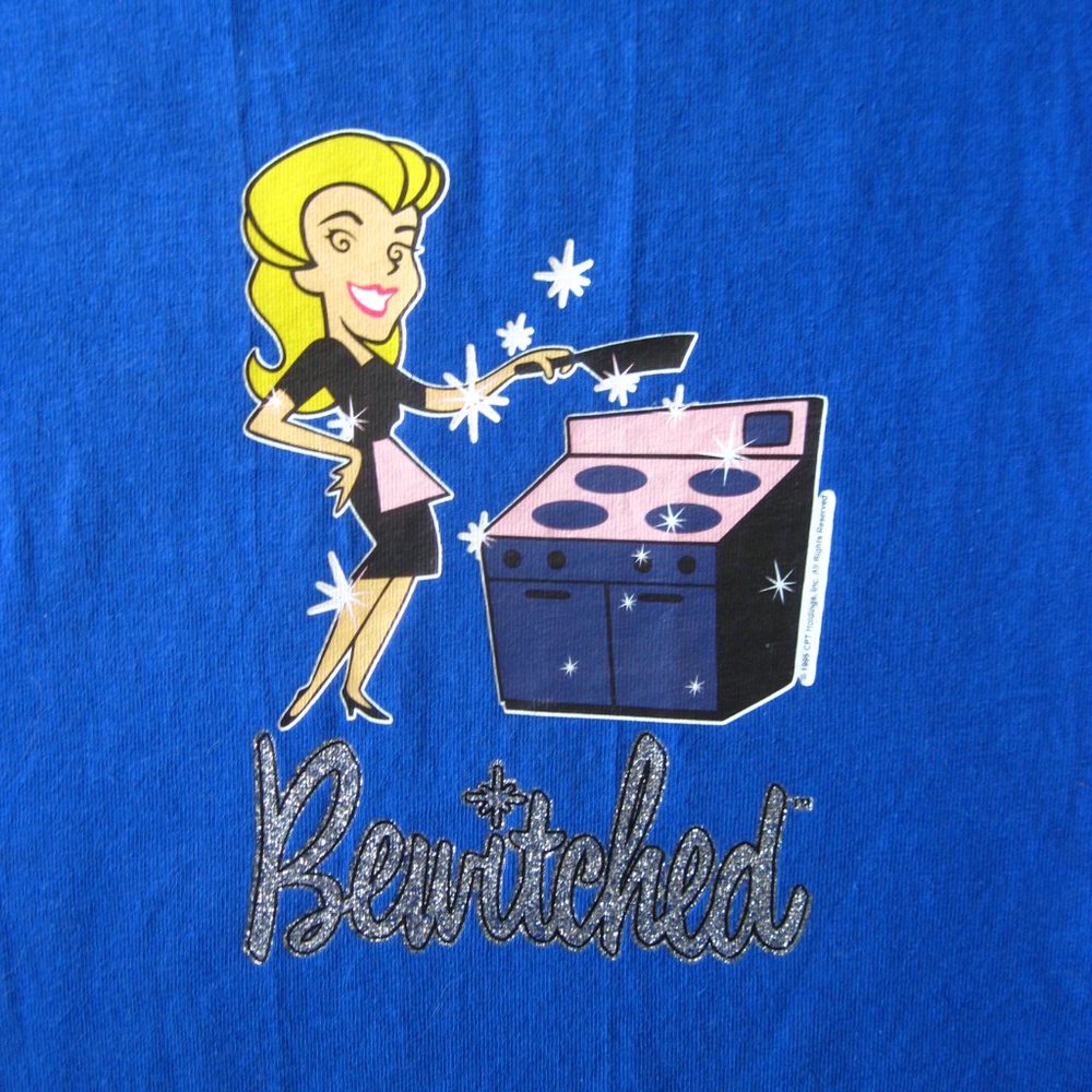 Vintage/Retro Bewitched blue and black graphic ringer tshirt
